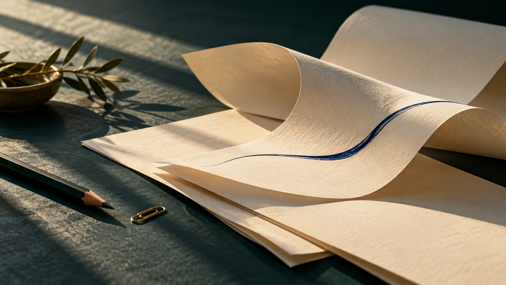 Sculptural paper folds with a flowing blue ink line on a writer’s desk.